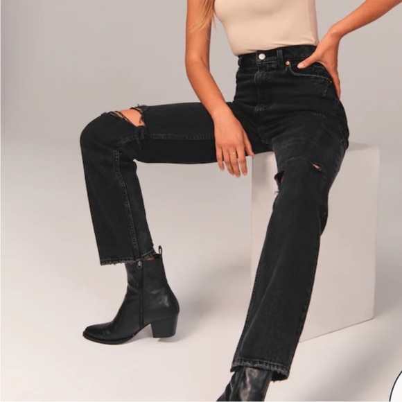 Abercrombie & Fitch High Rise Distressed Black Straight Leg Jeans Women’s 00/24” - Picture 2 of 9